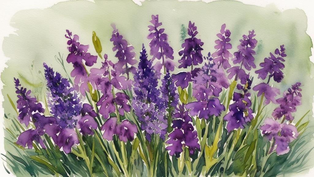 A watercolour image of lavender growing wild.